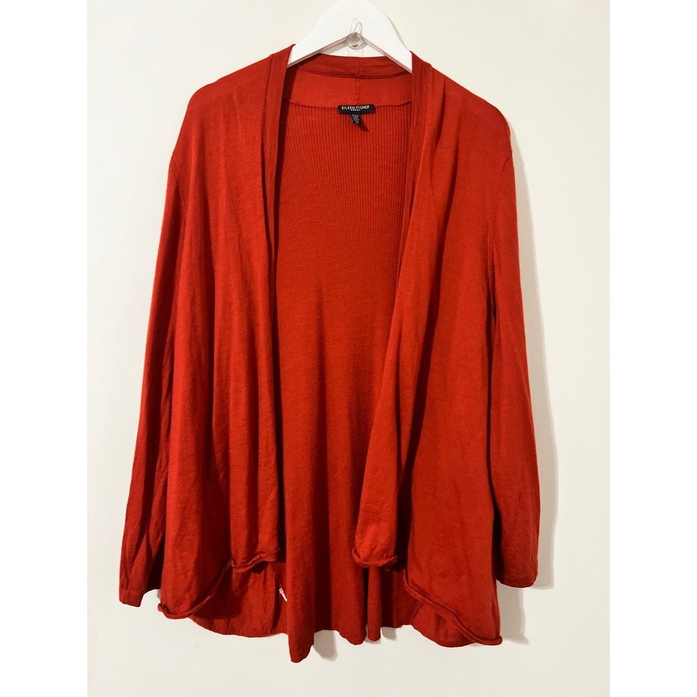 EILEEN FISHER Cardigan Womens 3X Burnt Orange Open‎ Front Ribbed Knit Lagenlook